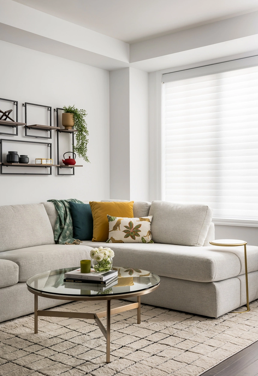Contemporary living room featuring a soft sectional sofa, layered textiles, and minimalist wall shelving
